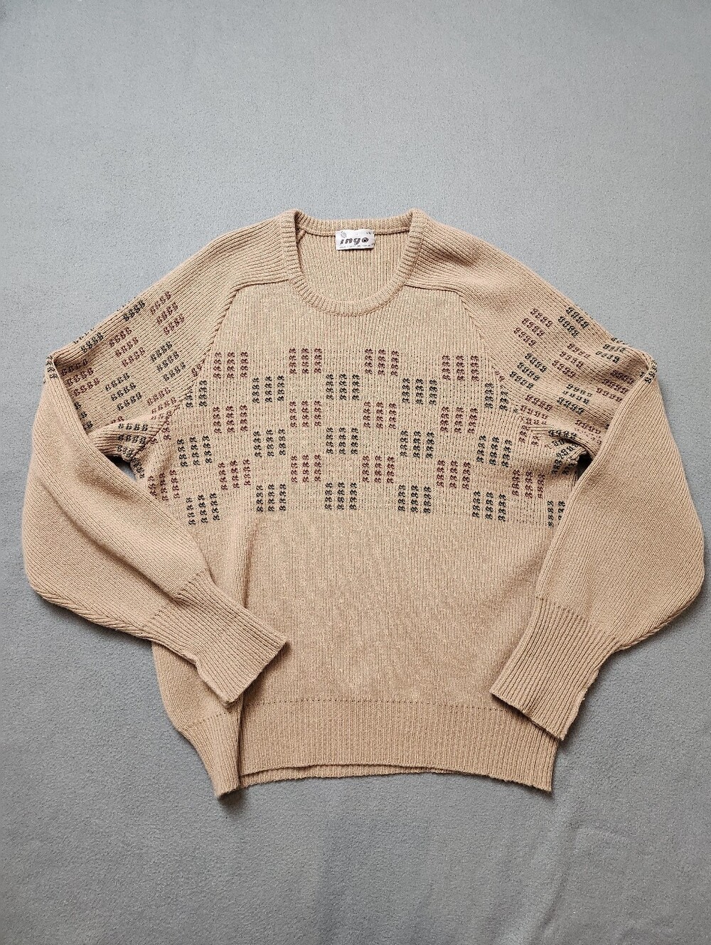 Vintage Ingo Beige "BOSS" Pattern Crewneck Knit Sweater Large Made in Canada